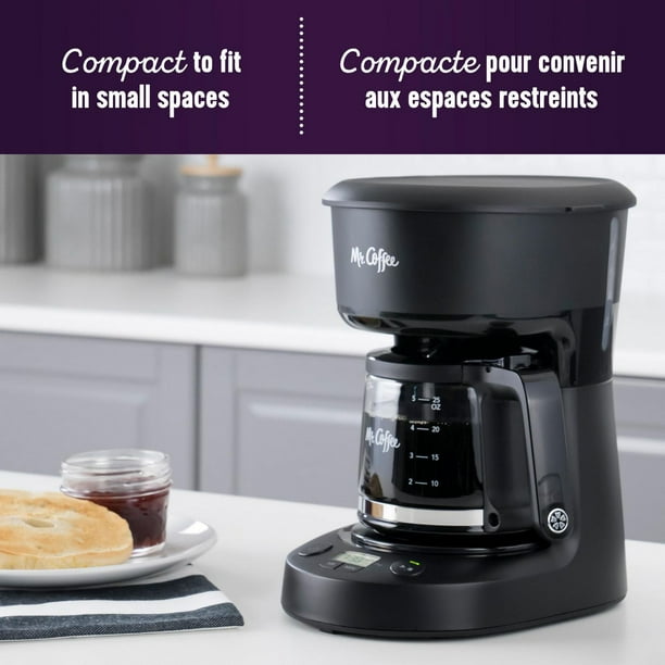 Mr. Coffee 5-Cup Programmable Coffee Maker, Space-Saving Coffee Machine, Black